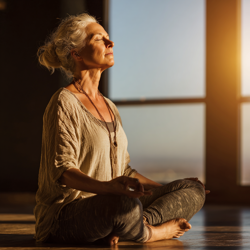 Middle-aged woman practicing gentle yoga poses in natural sunlight